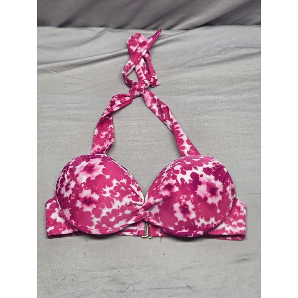 Bisou Bisou Pink/White Floral Halter Padded Lined Bikini Top 34D Sz L - Picture 8 of 8